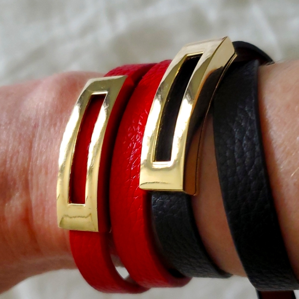 Red and Black leather wraparound bracelets.